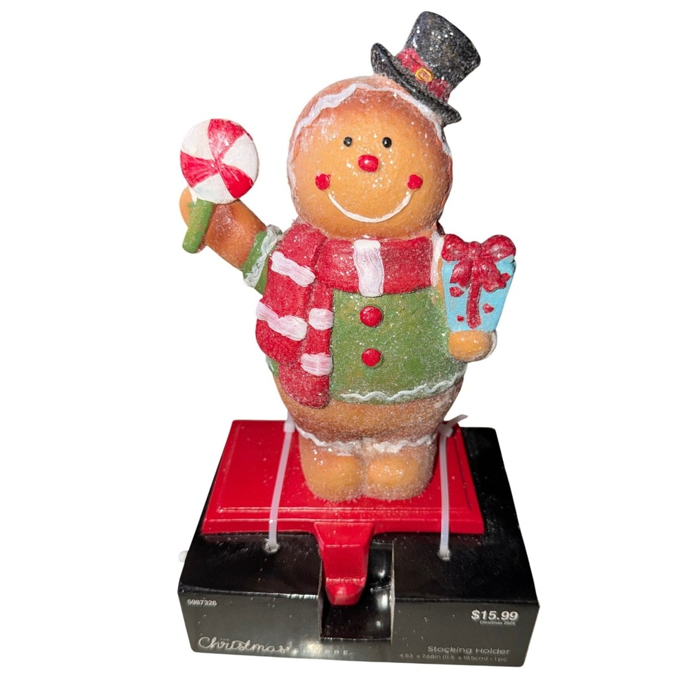 The Christmas Shoppe Gingerbread Man Stocking Holder Glittered Holiday Decor NEW